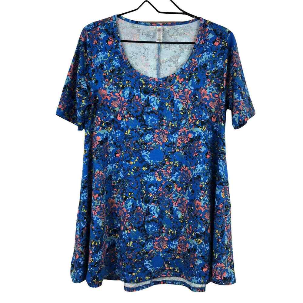 LULAROE Womens S Blue Floral Short Sleeve Tunic Top Stretch Scoop Neck Tee